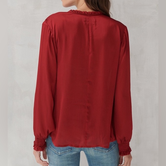 Lucky Brand Womens Boho Blouse Top Size M Red Satin V Neck Long Sleeve Tie Front - Picture 4 of 10